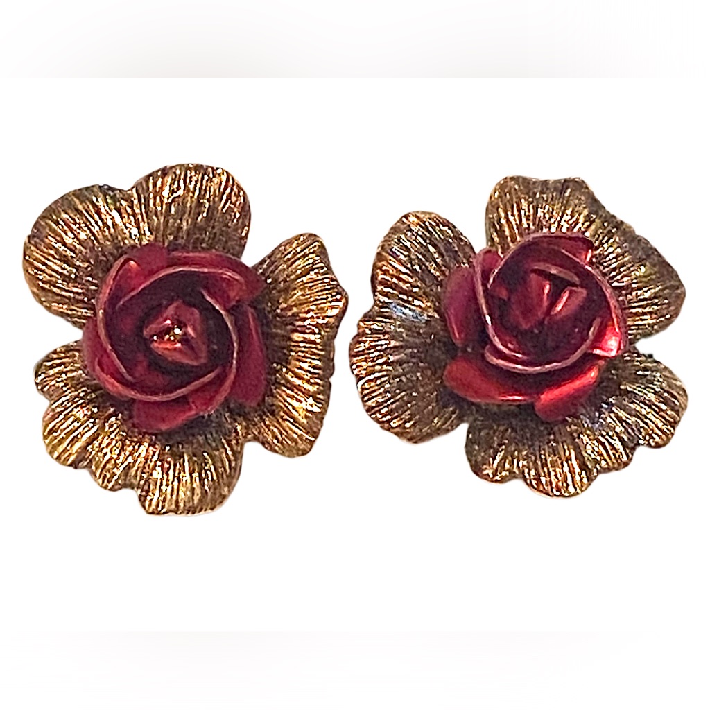 Vintage Red Rose 3d Gold Earrings 12$
